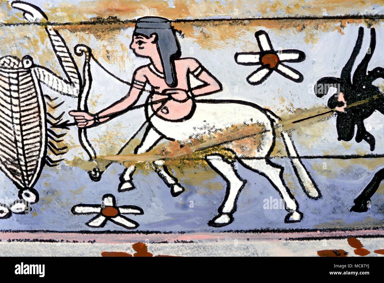 L'astrologie égyptienne. Le signe du zodiaque Sagittaire peint sur le couvercle intérieur du cercueil d'une momie égyptienne. Deuxième siècle de notre ère. Banque D'Images