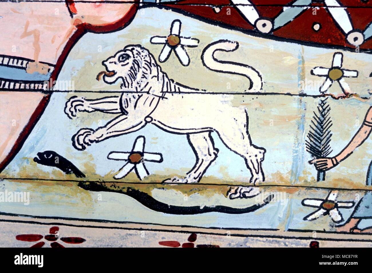 L'astrologie égyptienne. Le signe du zodiaque Lion peint sur le couvercle intérieur du cercueil d'une momie égyptienne. Deuxième siècle de notre ère. Banque D'Images