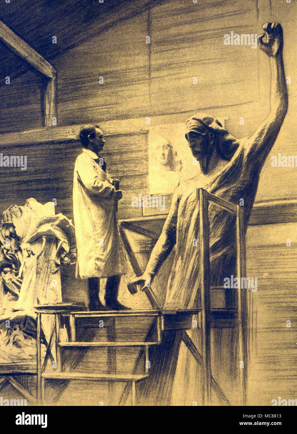 Dessin qui reproduit, en 1919, Rudolf Steiner au travail dans son atelier dans le parc du Goetheanum Banque D'Images