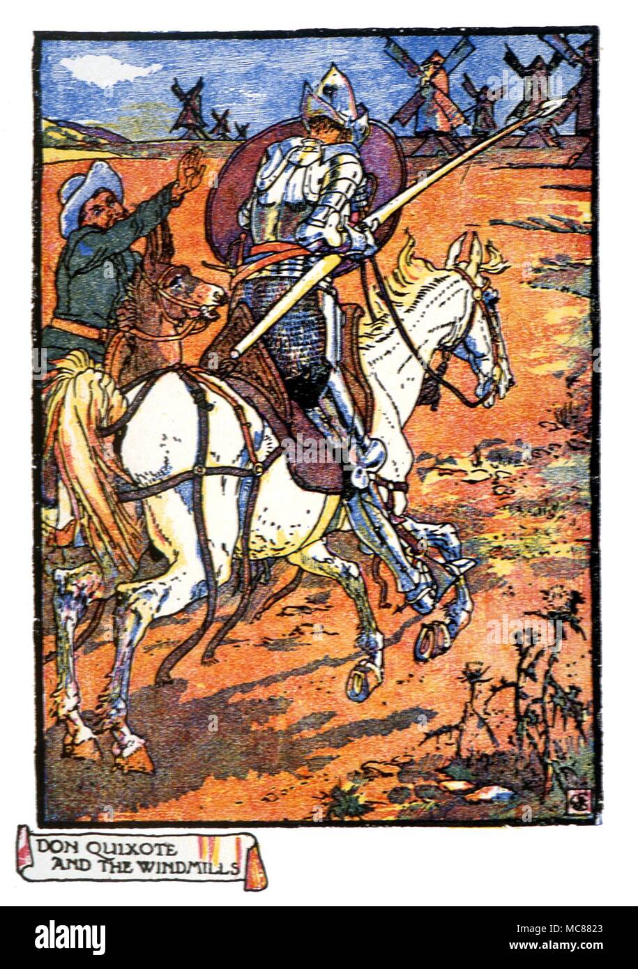 Don Quichotte et les moulins à vent - illustration par Walter Crane pour juger de l'adaptation du Parry histoire de Don Quichotte de la Mancha Banque D'Images