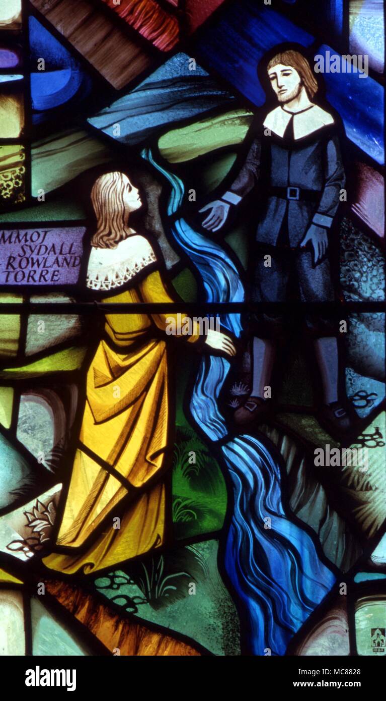 Décès - Détail de la romance dans l'histoire de l'Eyam peste. La peste dans la fenêtre Église Paroissiale Eyam Banque D'Images