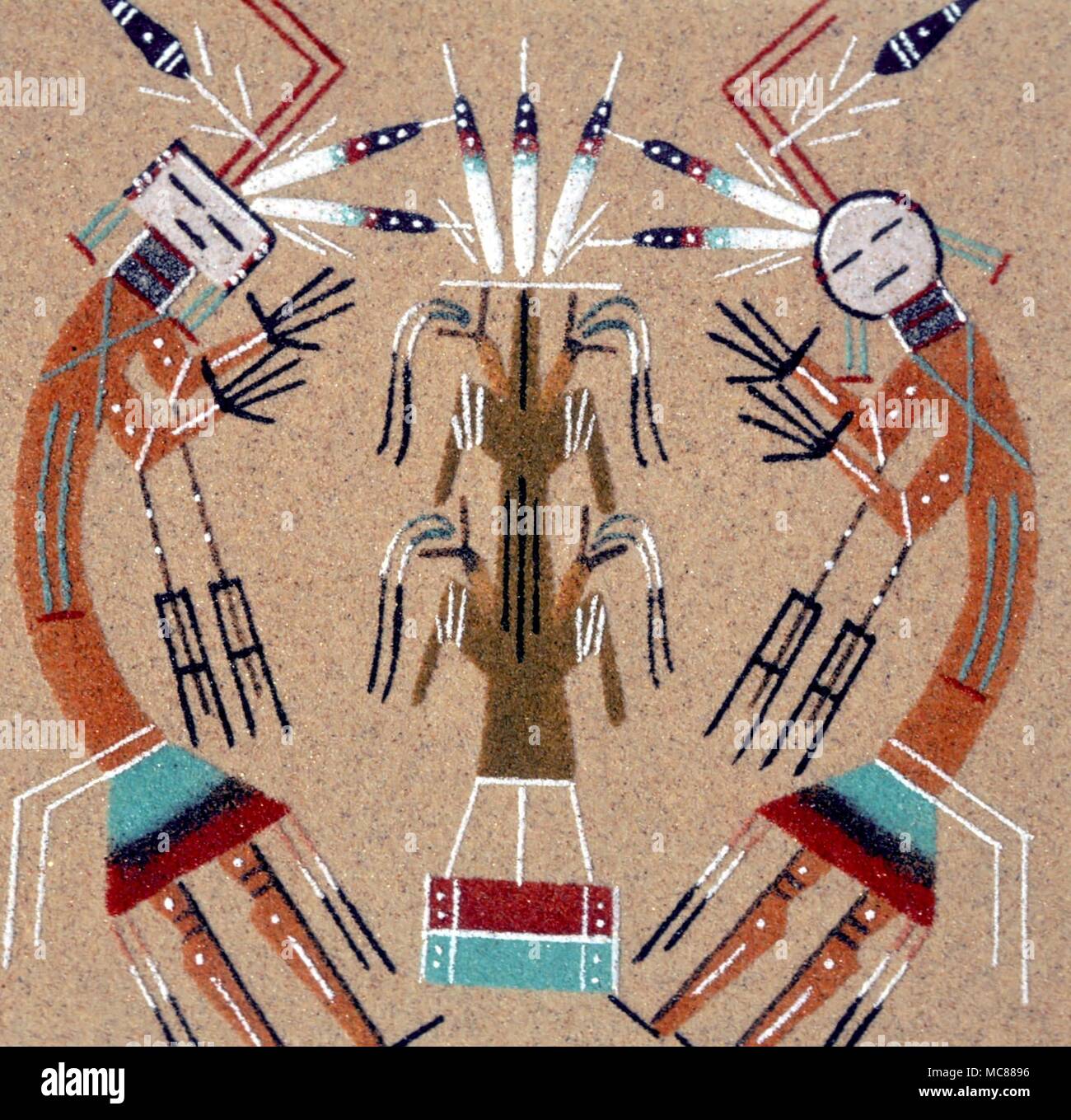 Les Indiens de l'AMÉRIQUE DU NORD - une peinture sur sable navajo rendu moderne d'un thème traditionnel Banque D'Images