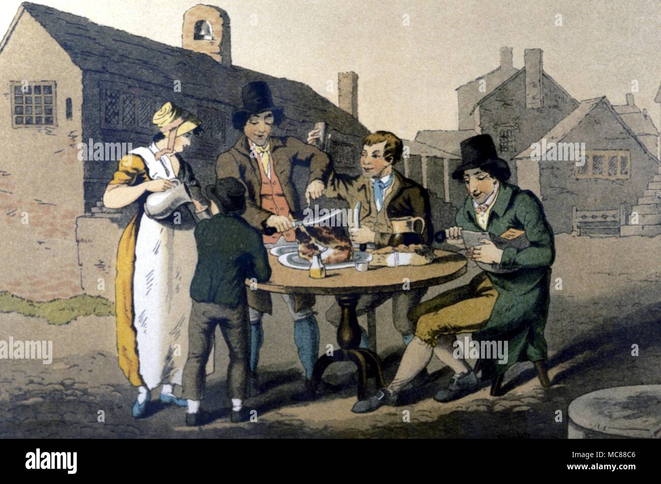 Le festival repas sur Midsummer Eve. Lithographie de 1885. À partir de l'édition 1885 de Richard Jackson's 'Les Costumes de Yorkshire' Banque D'Images