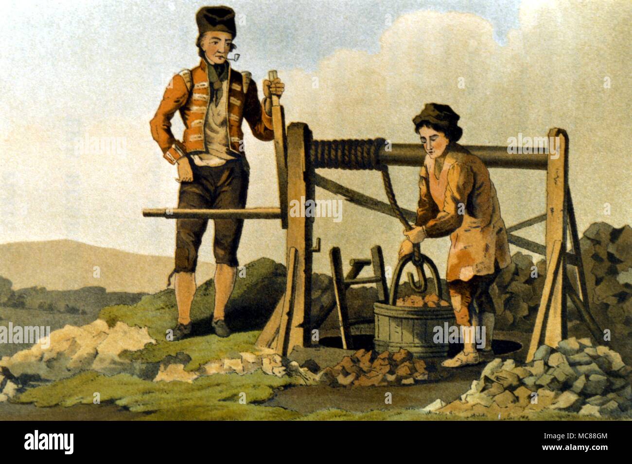 L'histoire britannique - début 19ème siècle la Ruddle dresser les travailleurs. À partir de l'édition 1885 de Richard Jackson's 'Les Costumes de Yorkshire'. Banque D'Images