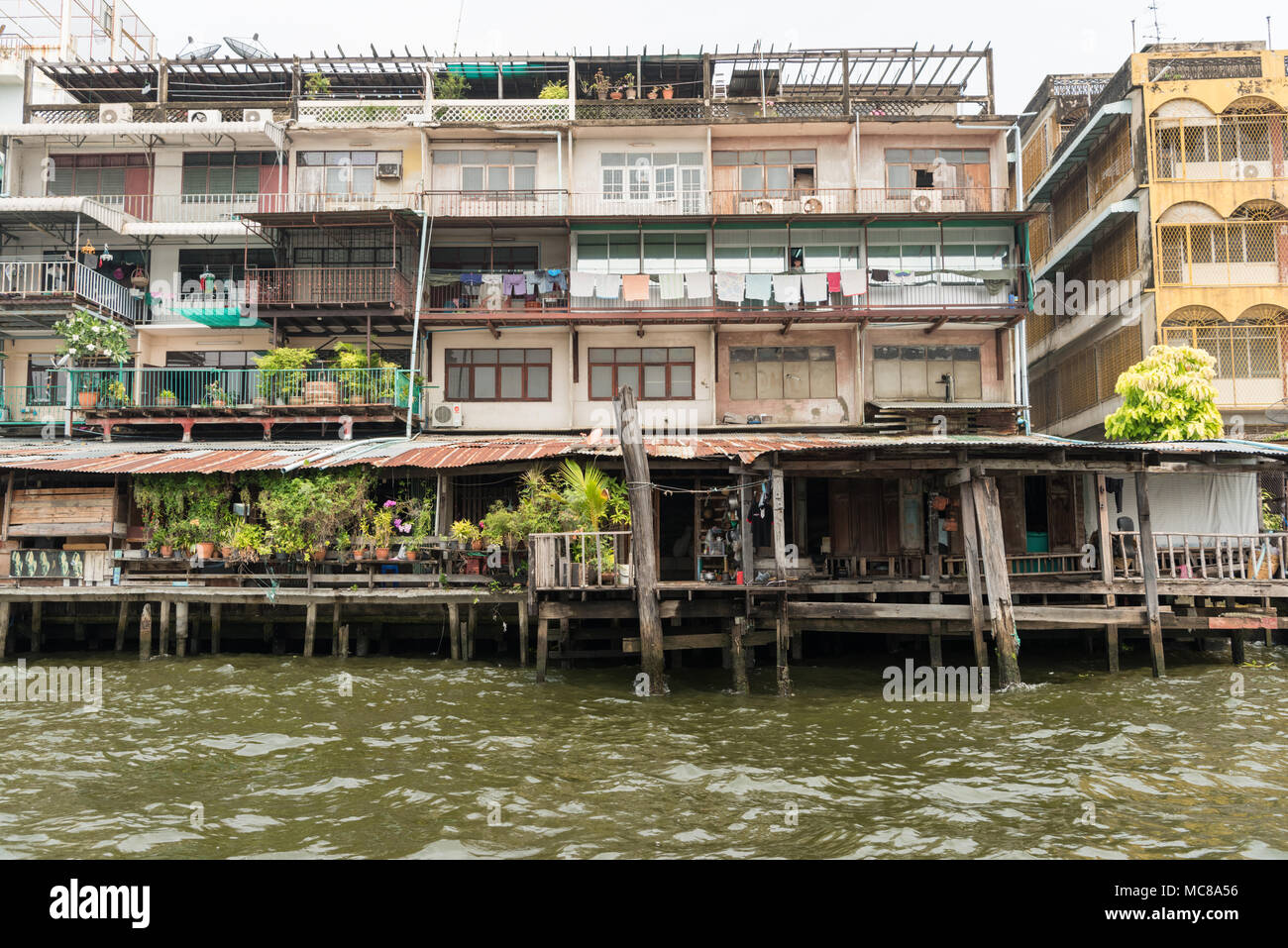 Vieux bâtiments fabriqués à partir de tôle ondulée et de bois le long de la Chao Phraya à Bangkok, Thaïlande Banque D'Images