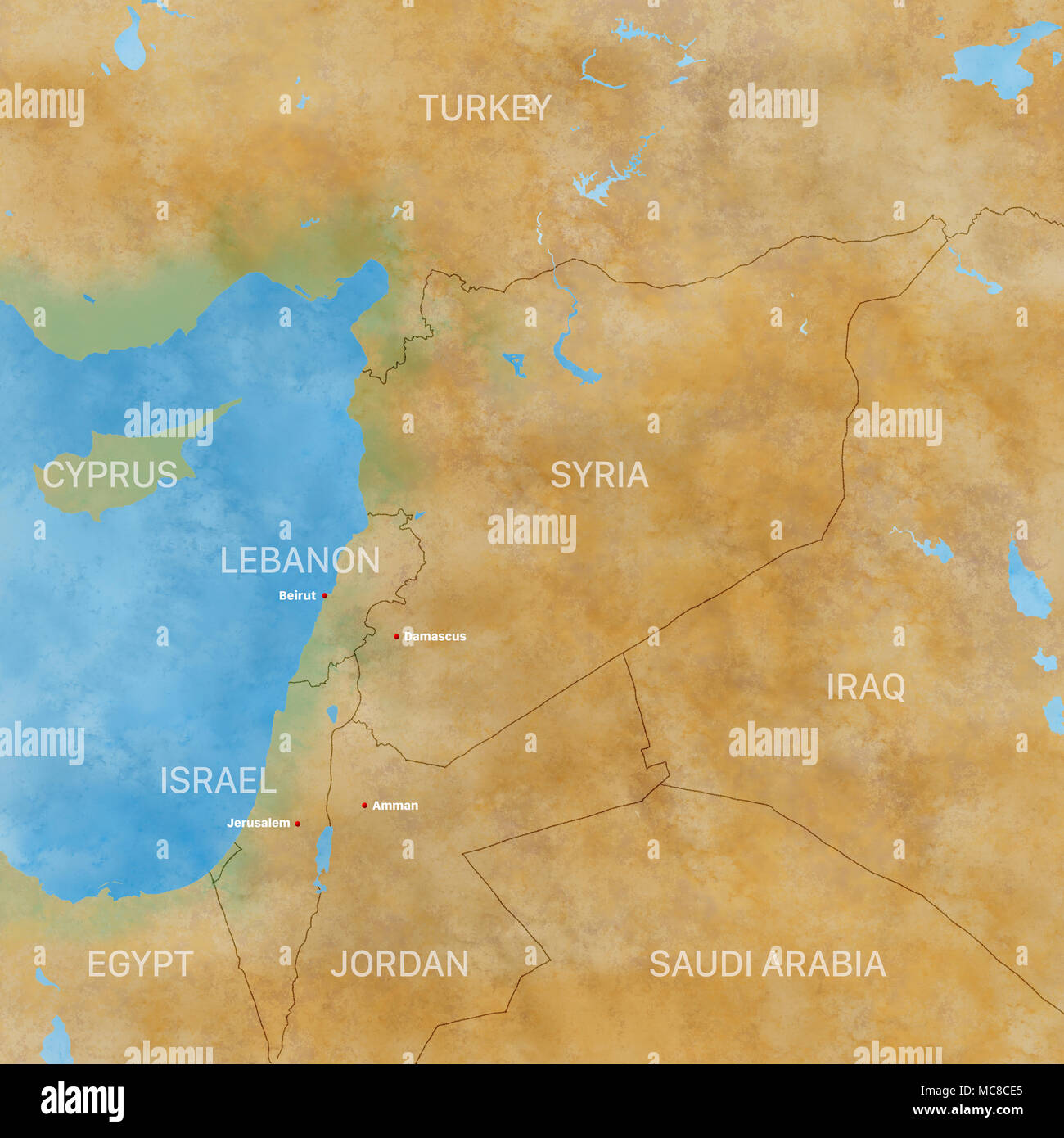La carte de la Syrie et des frontières, carte physique de la péninsule arabique, au Moyen-Orient, les reliefs et les montagnes et la mer Méditerranée. Carte sur parchemin. Hand drawn Banque D'Images