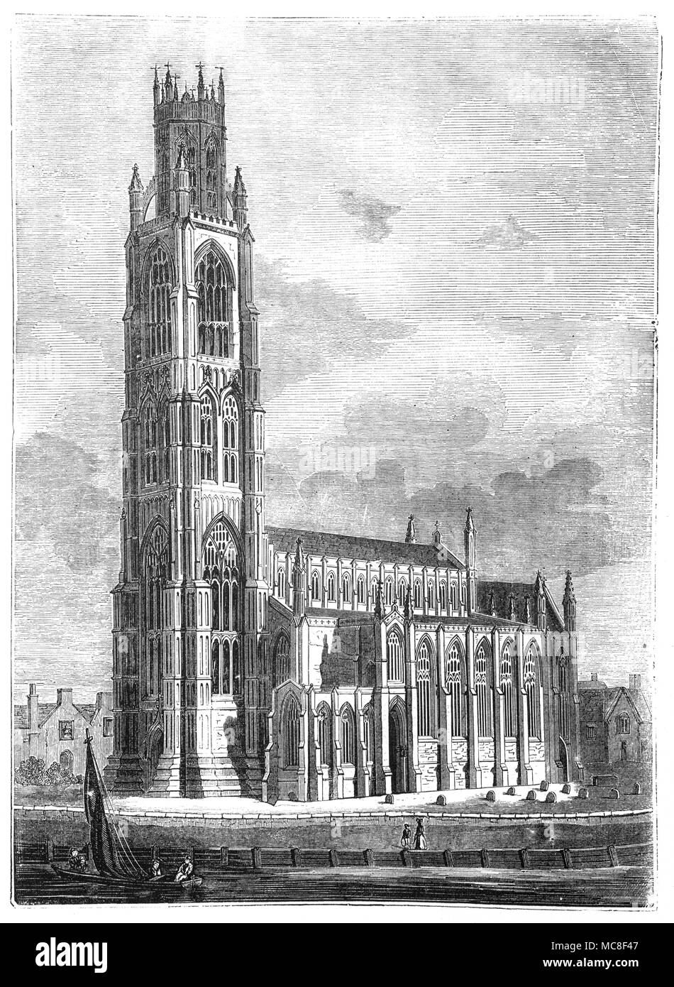 La rivière Witham passant Eglise St Botolph à Boston, Lincolnshire, Angleterre. L'église actuelle a commencé en 1309, et est connu pour sa haute tour extraordinaire, connu sous le nom de "Boston Stump', commencé en 1450, et achevée entre 1510 et 1520 dans le style perpendiculaire. La tour a été utilisée comme marqueur pour les voyageurs sur les fens et dans le lavage, et il est communément admis qu'il était une fois allumé de l'intérieur de la tour à cette fin de nuit comme de jour. Banque D'Images