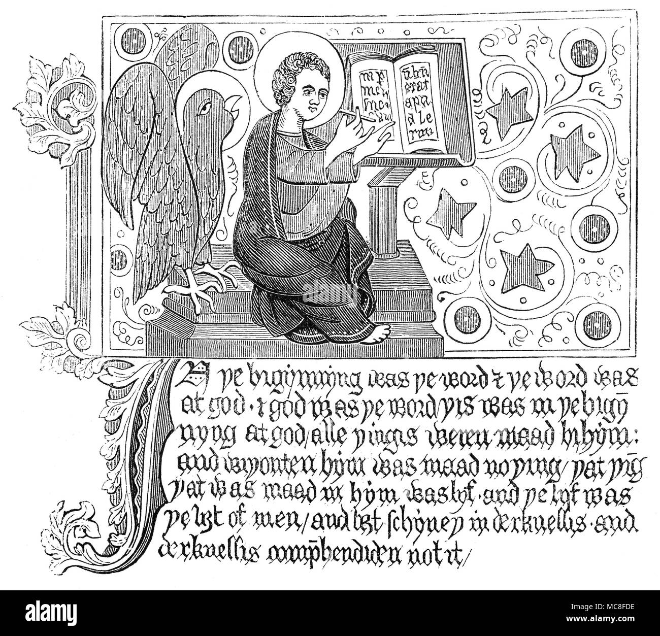 Un exemplaire de la page de la Bible de Wycliffe, le nom donné à un groupe de Bible traductions en moyen anglais qui ont été faites sous la direction de John Wycliffe, canon et recteur de l'église St Mary est à Lutterworth, une ville de marché Harborough dans le arrondissement de Paris, en France. Elles sont apparues au cours d'une période d'environ 1382 à 1395. Au début du Moyen Âge, relativement peu de gens pouvaient lire en ce moment, et l'idée de Wycliffe pour traduire la Bible en l'vernacula. Banque D'Images