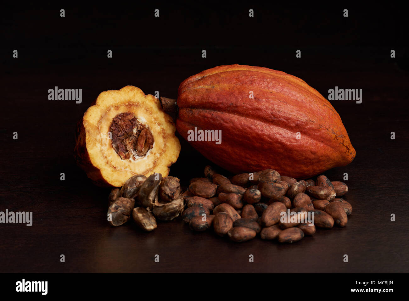 Ingrédient principal pour la production de chocolat. Ouvrir les fruits de cacao Banque D'Images