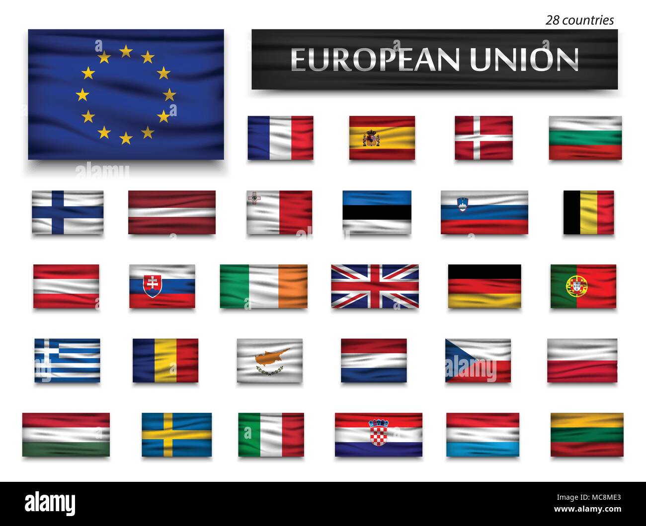 Drapeaux de l'Union européenne et des membres . Conception ondulée . Fond isolé . Illustration de Vecteur
