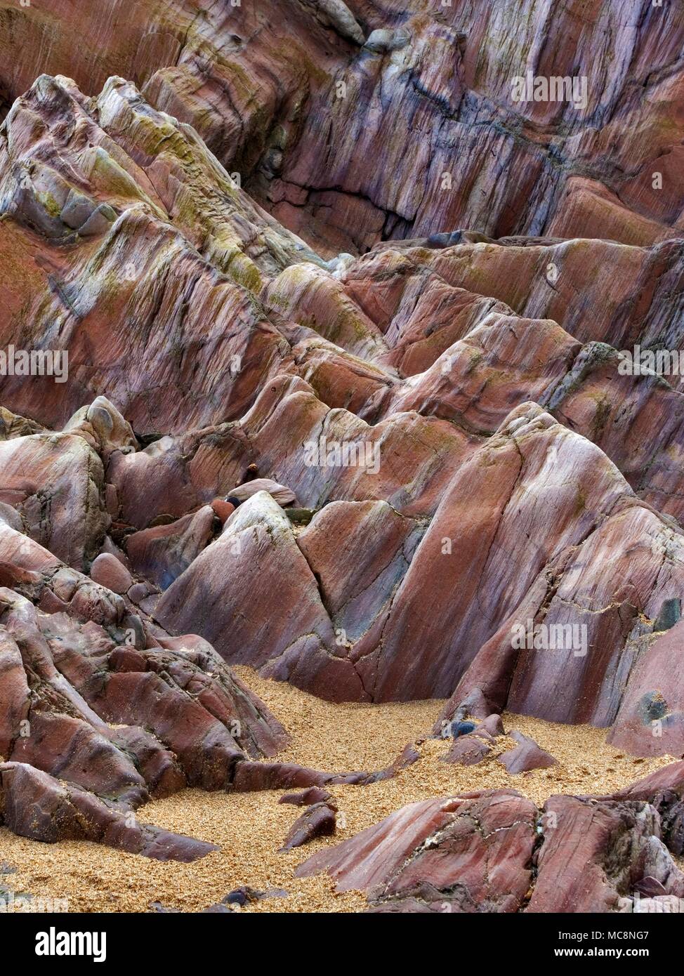 Une vue sur le détail complexe et variée gamme tonale d'une formation rocheuse sur Bigbury on sea beach dans le Devon, Royaume-Uni. Banque D'Images