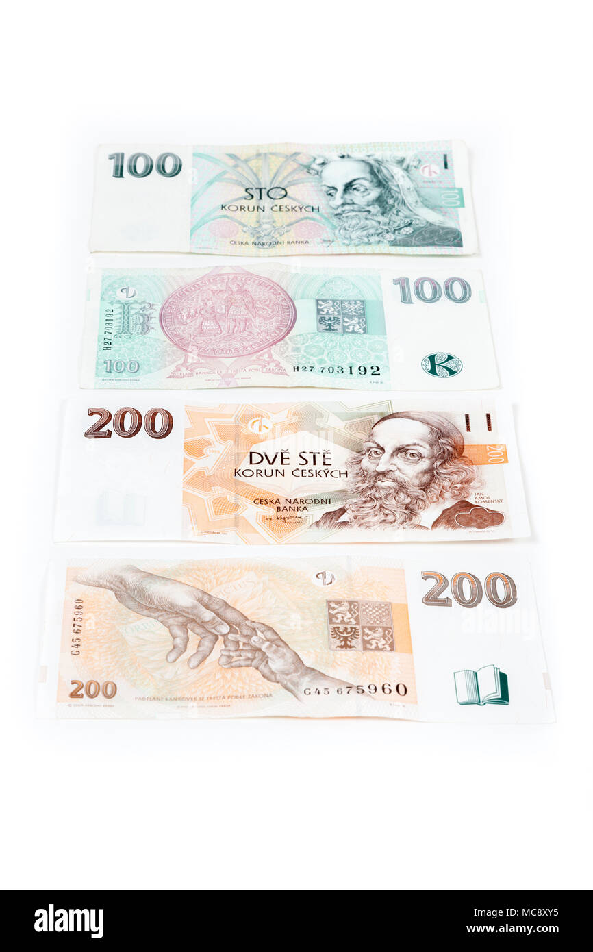 République tchèque l'argent. L'avant et l'arrière du 100 et 200 billets Korun Banque D'Images