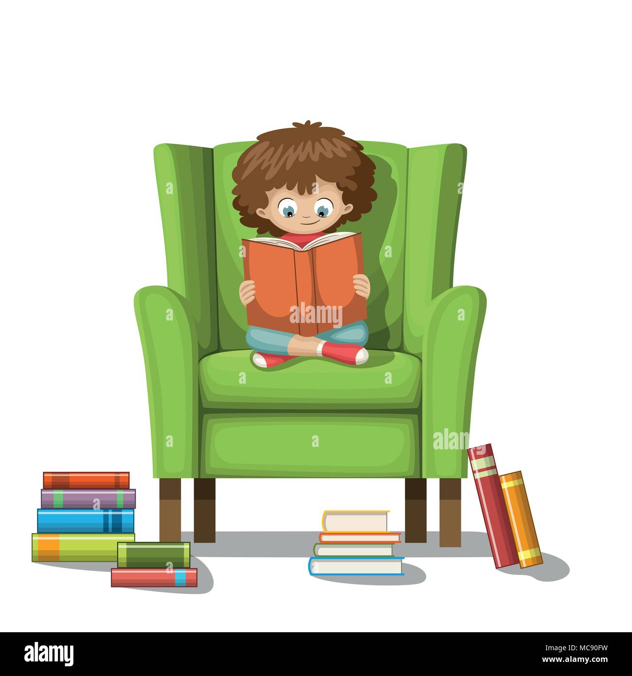 Enfant est assis sur une chaise et lit un livre. Isolé sur fond blanc. Illustration de Vecteur
