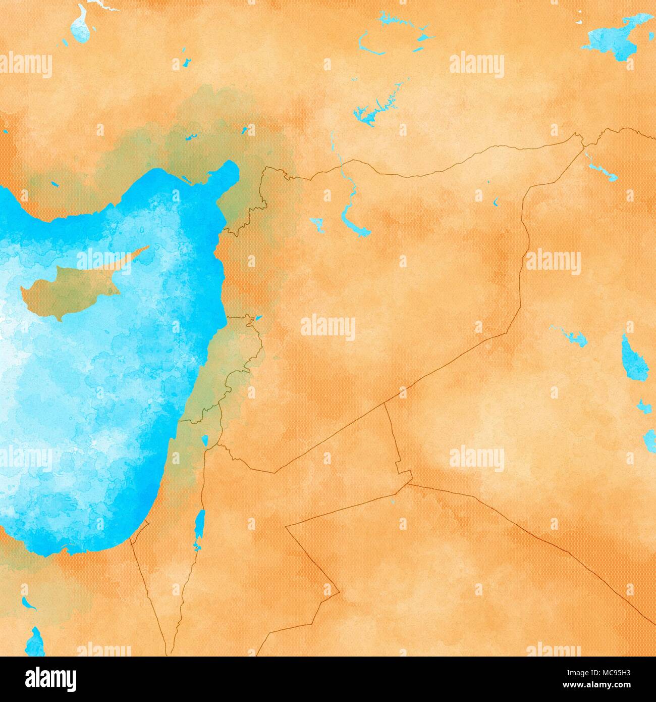 La carte de la Syrie et des frontières, carte physique de la péninsule arabique, au Moyen-Orient, les reliefs et les montagnes et la mer Méditerranée. Carte sur parchemin. Hand drawn Banque D'Images