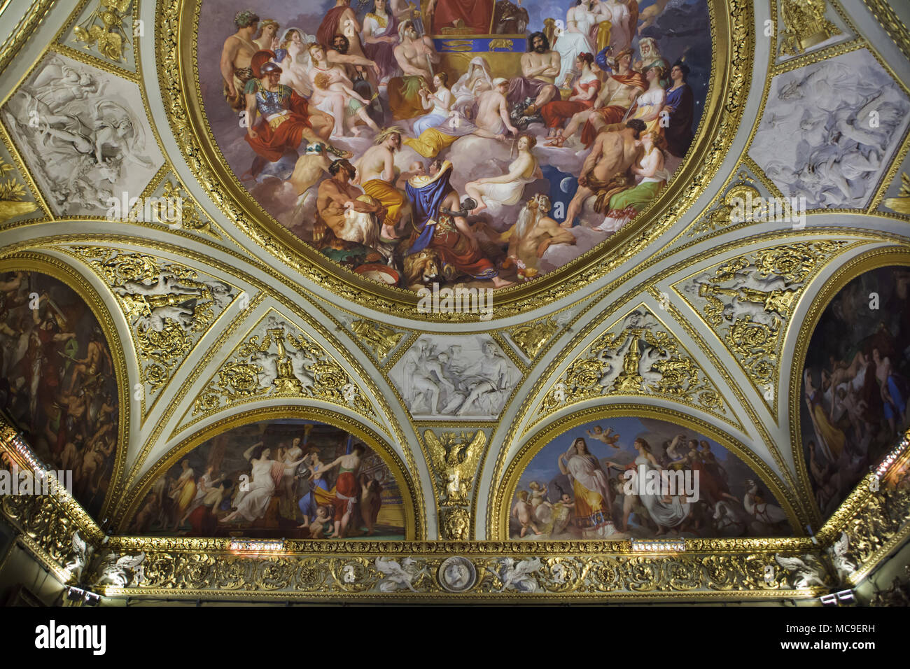 Plafond peinture par le peintre italien Luigi Sabatelli dans l'Iliade Prix dans la Galerie Palatine (Galleria Palatina) dans le Palais Pitti à Florence, Toscane, Italie. Banque D'Images