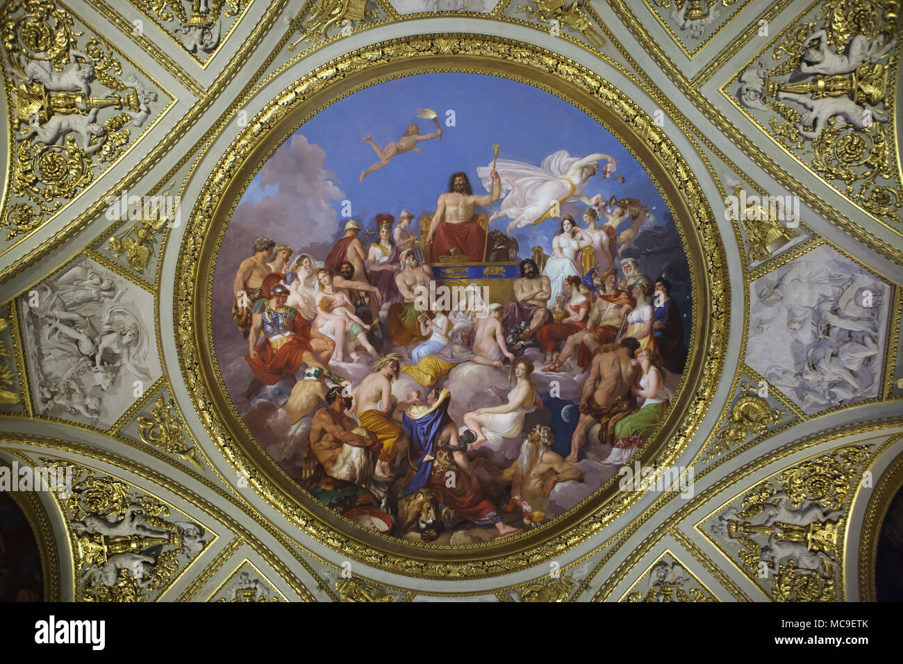 Assemblée des dieux présidé par Jupiter sur le Mont Olympe. Plafond peinture par le peintre italien Luigi Sabatelli dans l'Iliade Prix dans la Galerie Palatine (Galleria Palatina) dans le Palais Pitti à Florence, Toscane, Italie. Banque D'Images