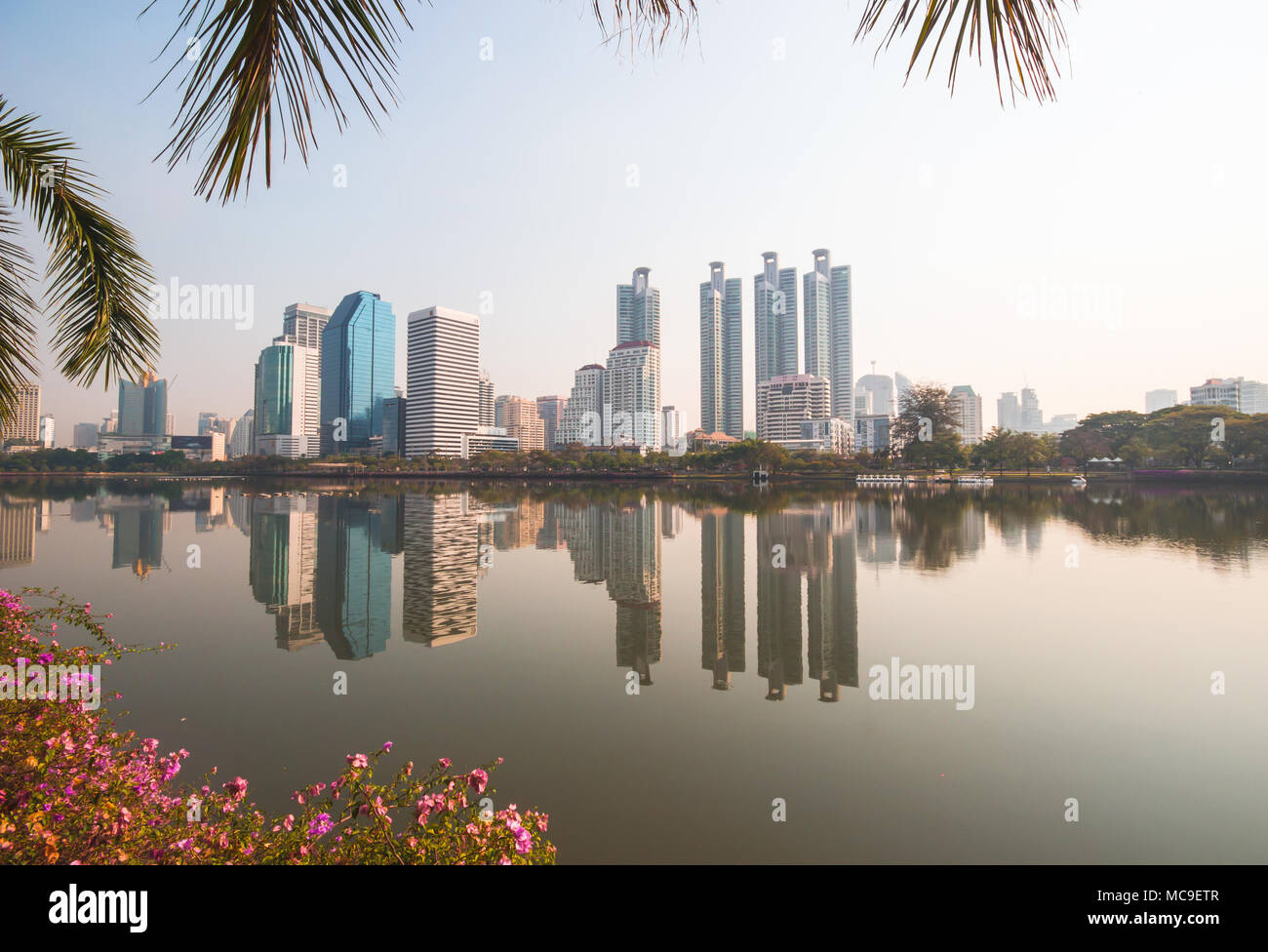 Beau bâtiment moderne des gratte-ciel de Bangkok, Thaïlande, Parc Benjakiti. Banque D'Images