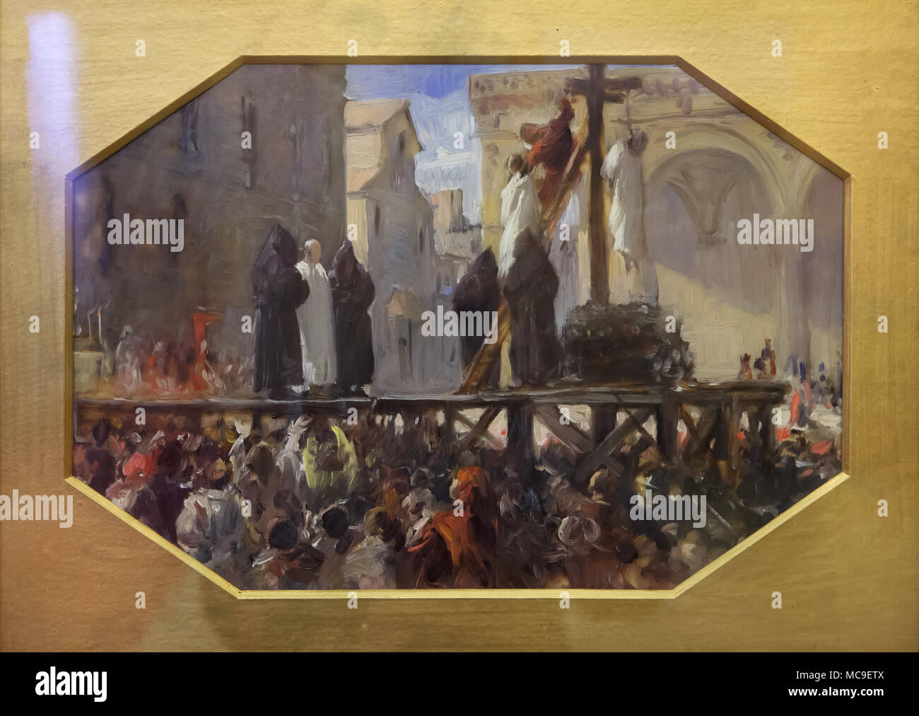Esquisse pour peinture 'exécution de Girolamo Savonarola' par le peintre italien Stefano Ussi daté de la seconde moitié du xixe siècle à l'écran dans la galerie d'Art moderne (Galleria d'arte moderna) dans le Palais Pitti à Florence, Toscane, Italie. Banque D'Images