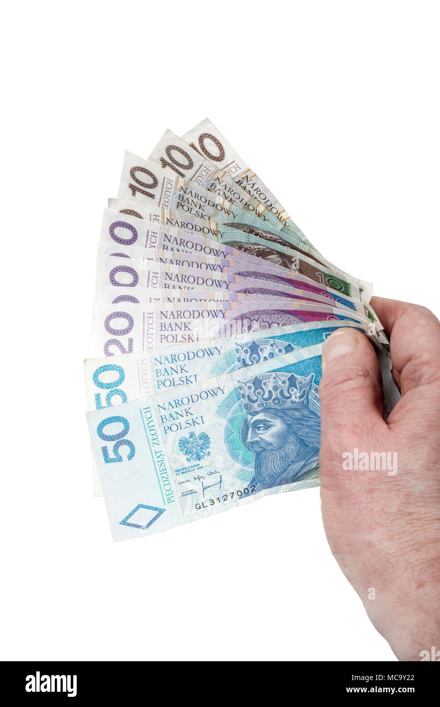 D'origine polonaise. Man holding et fanning out 10, 20 et 50$ billets en euros. Banque D'Images