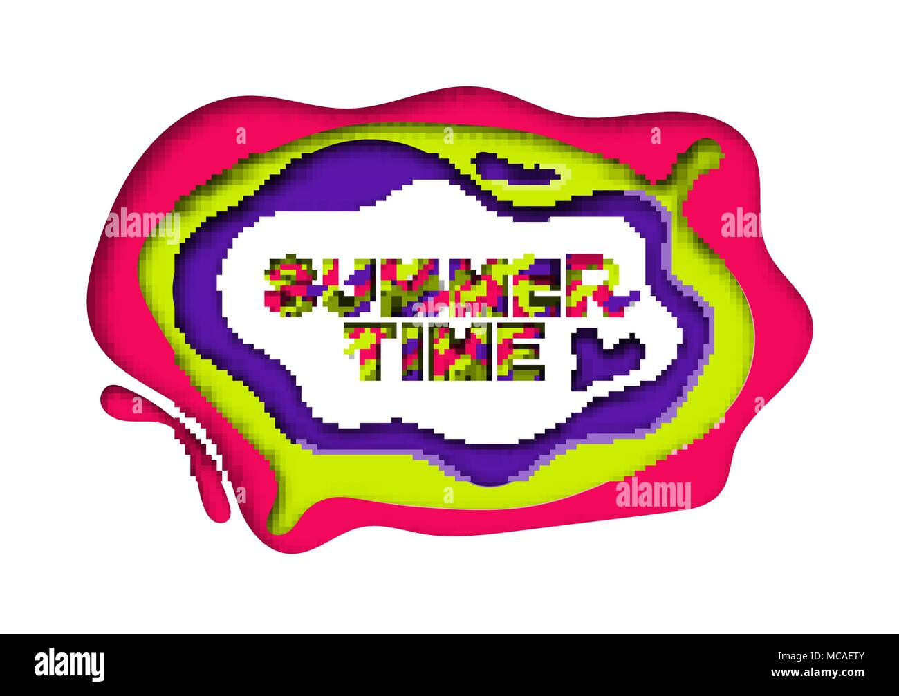 Typographie d'été avec des formes papier abstrait. Vector illustration. Sculpté de couleur des éléments abstraits. Couleurs de l'été 2018 à la mode. Illustration de Vecteur