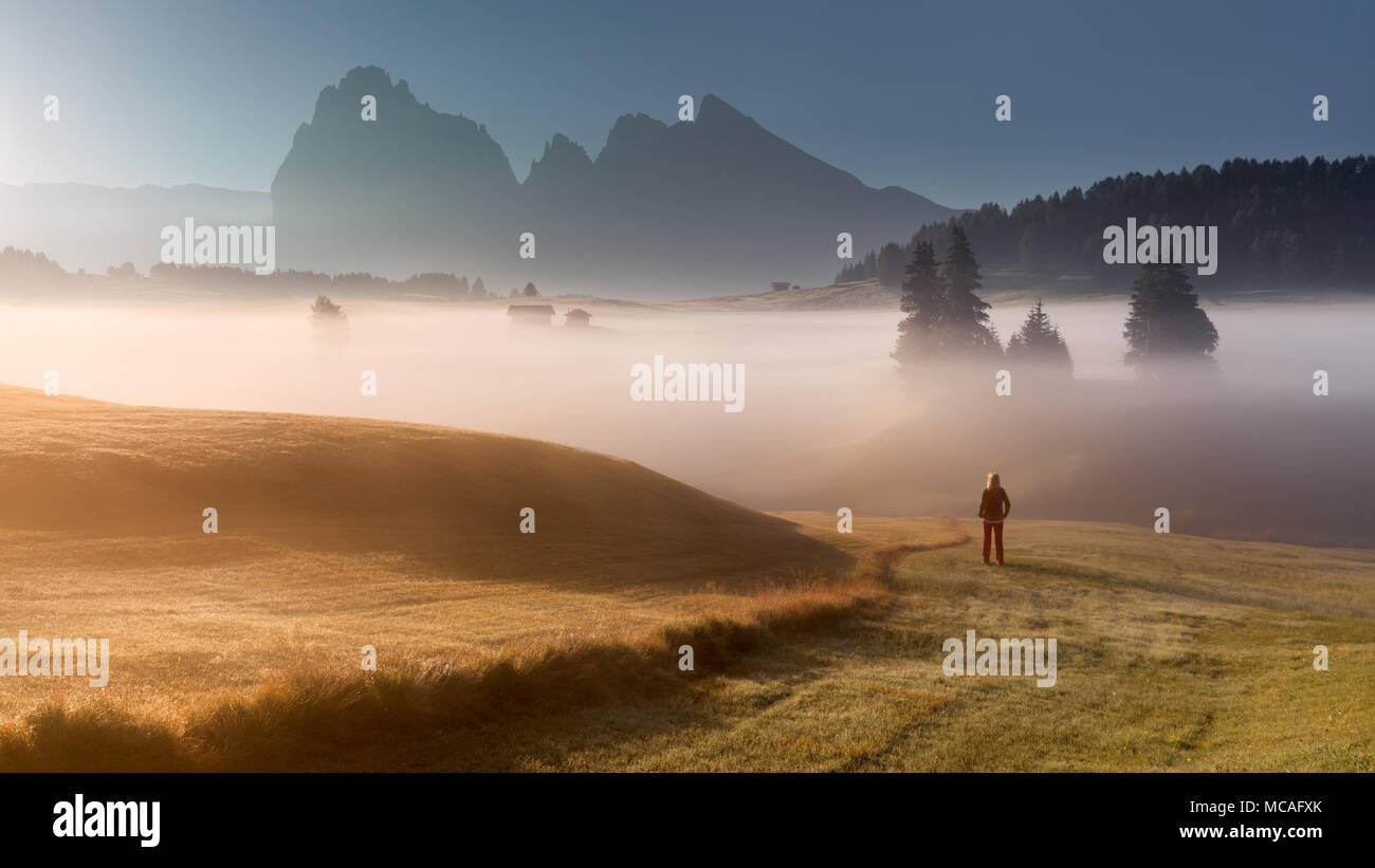 Jeune femme debout sur golden meadow et regardant vers la mer de brouillard au lever du soleil. Paysage sur l'Alpe di Siusi ou montagne Dolomites - Seiser Alm ra Banque D'Images