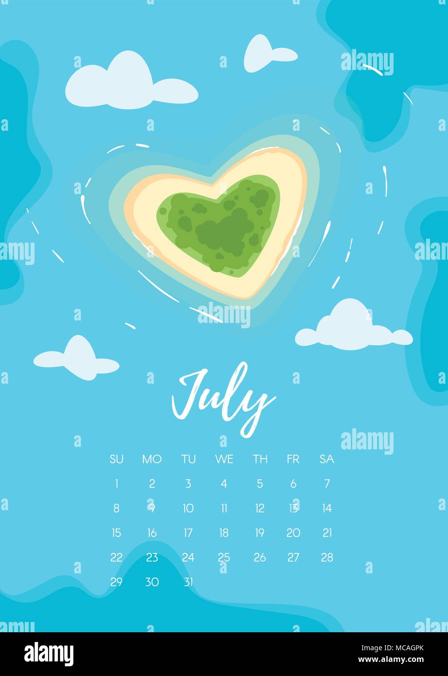 Vector cartoon style illustration de juillet 2018 Calendrier de l'année page avec paradis tropical de l'île romantique en forme de coeur dans la mer de couleur azur. Templa Illustration de Vecteur