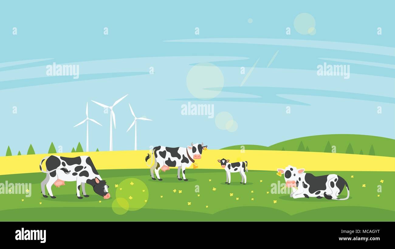 Vector illustration style plat de vaches paissent dans un champ. Bonne journée ensoleillée. Arrière-plan de la nature. Illustration de Vecteur