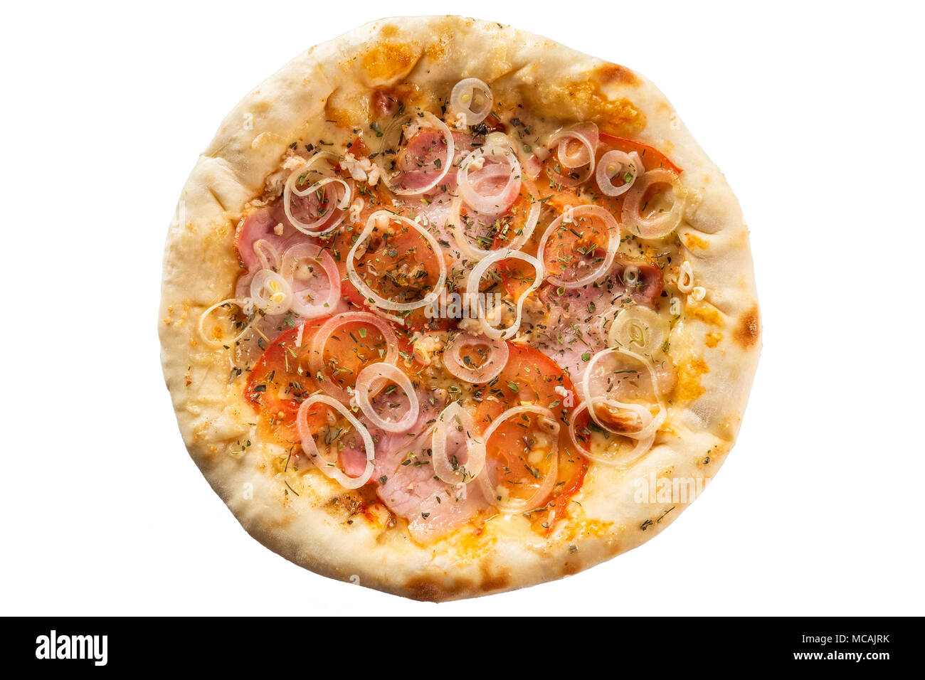 Petite taille avec pizza jambon, fromage, tomate et oignon Banque D'Images