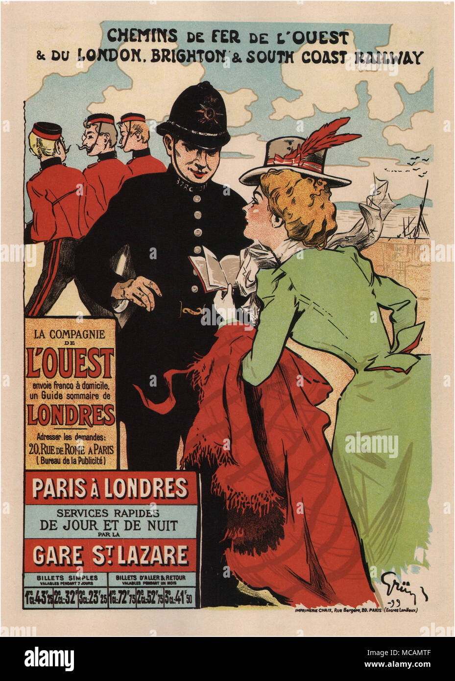Un beau train billet poster, Chemins de Fer de l'Ouest, d'un voyage à Paris Londres. Conçu par Jules-Alexandre Gr ?n ?(1868 ? ? 1934). Il était un peintre post-impressionniste ?, artiste de l'affiche, et l'illustrateur. Banque D'Images