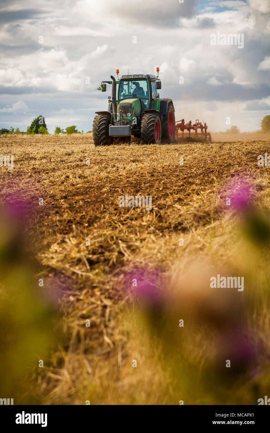 Un tracteur laboure un champ de cultures. Profondeur de champ avec selective focus sur le tracteur. Banque D'Images