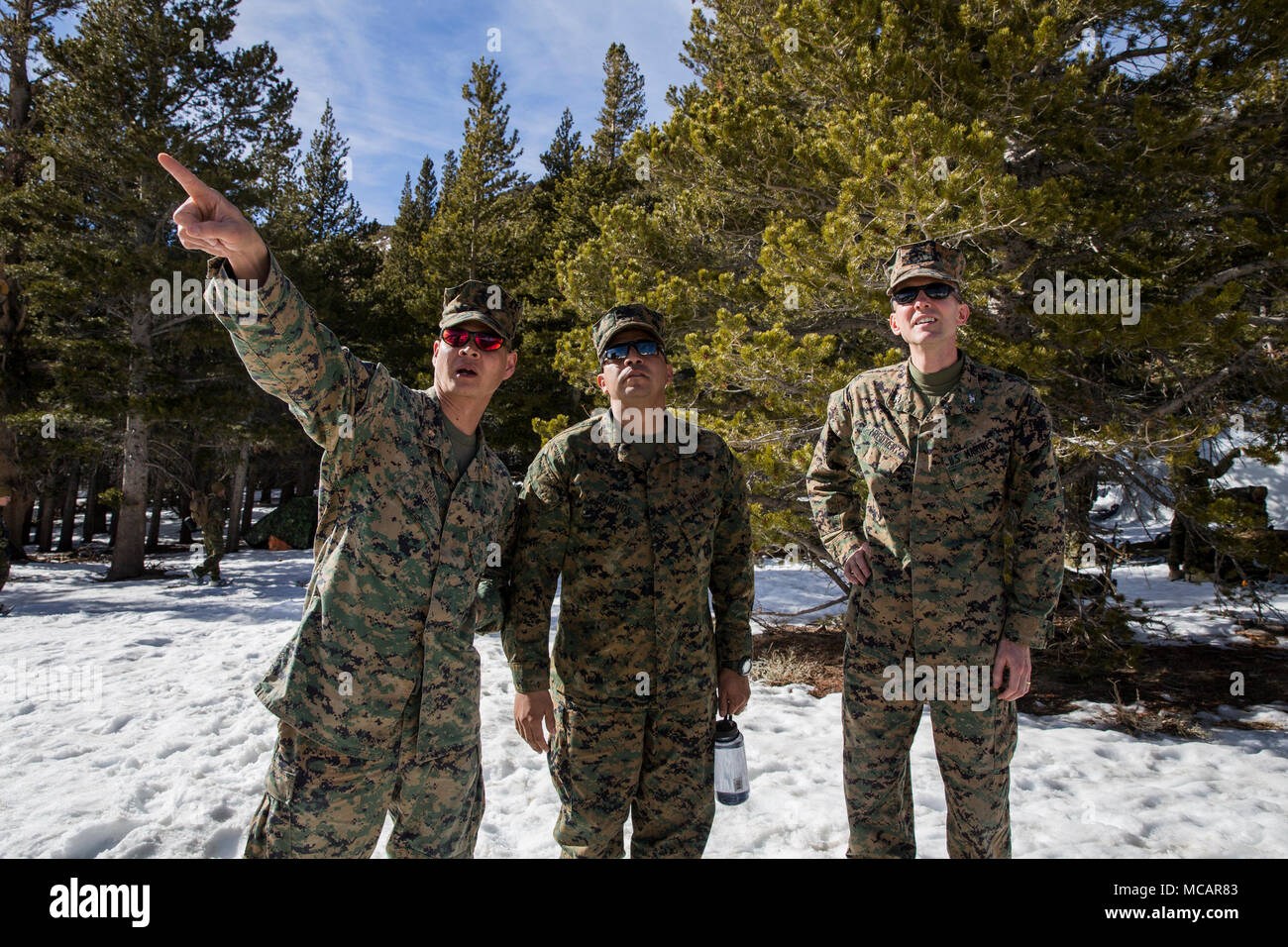 Le Major Sean Moore, gauche, officier responsable de la Task Force Arctic Edge, 25 Régiment de logistique de combat, et le 1er Sgt. Sergio Barrios, centre, première compagnie de sergent 25 CLR, 2e Groupe Logistique Maritime, Bureau d'aires d'entraînement avec le Colonel Matthew B. Reuter, droite, commandant du CLR-25, au Marine Corps Mountain Warfare Training Center, Bridgeport, Californie, le 23 janvier 2018. Les Marines de CLR-25 ont pris part à la formation par temps froid conçu pour fournir les marines d'expérience en escalade, alpinisme militaire, de la neige, de la mobilité, de l'artisanat sur le terrain et la survie. (U.S. Marine Corps photo par le Cpl. Sean M. Evans) Banque D'Images