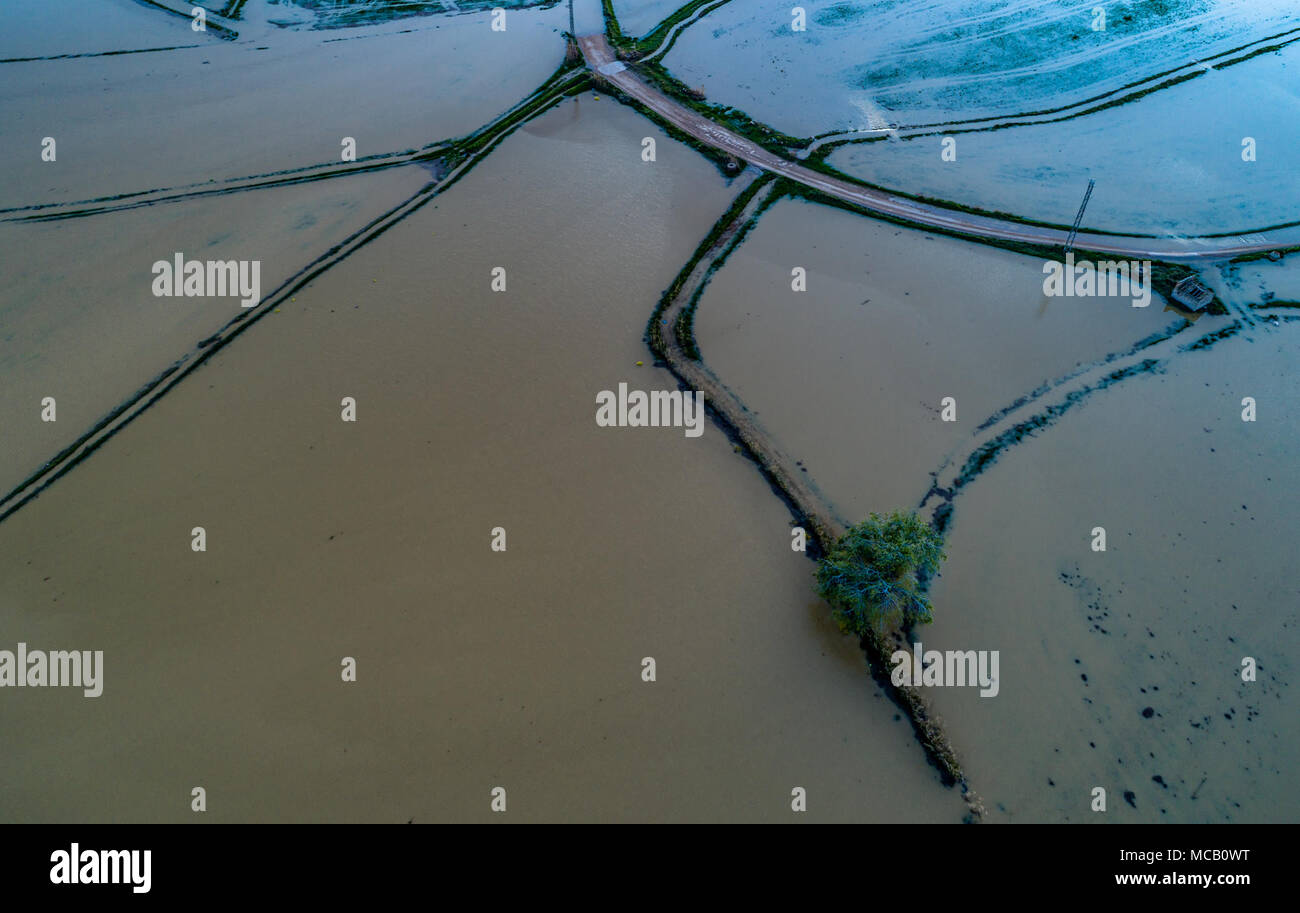 Saragosse, Espagne. Apr 15, 2018. Le niveau de la rivière Ebre voyage Saragosse, sont en baisse après des jours d'inondation de niveau. Environnement et alertes d'urgence demeurent dans la région de l'Èbre, rivière Arba et d'autres l'apport de l'eau de la région de Cinco Villas et du Nord. Credit : ChaviNandez/Alamy Live News Banque D'Images