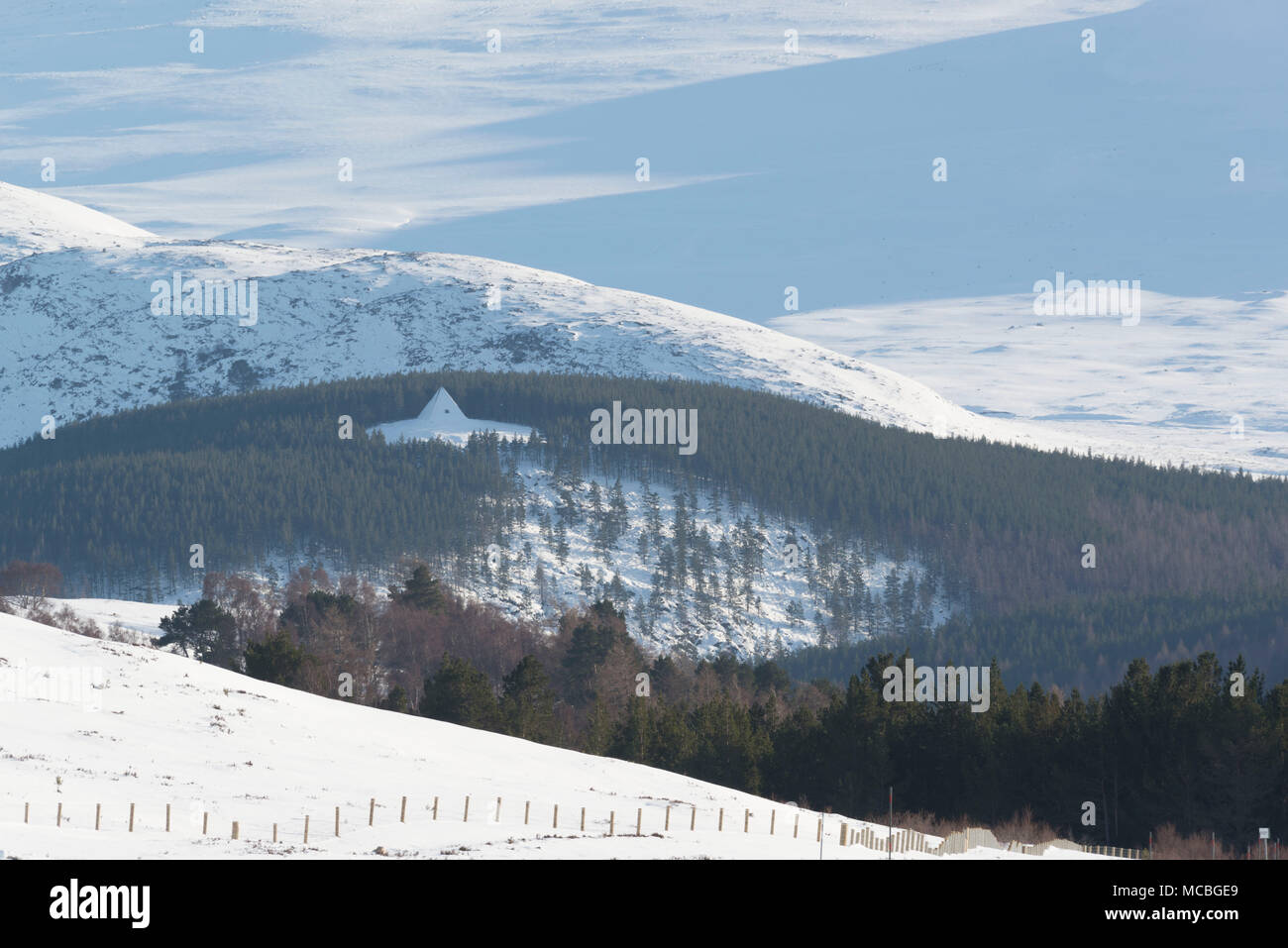 Une vue lointaine du Prince Albert's Cairn, debout sur une colline boisée sur Balmoral Estate sur Royal Deeside, avec les pentes de Lochnagar en toile Banque D'Images