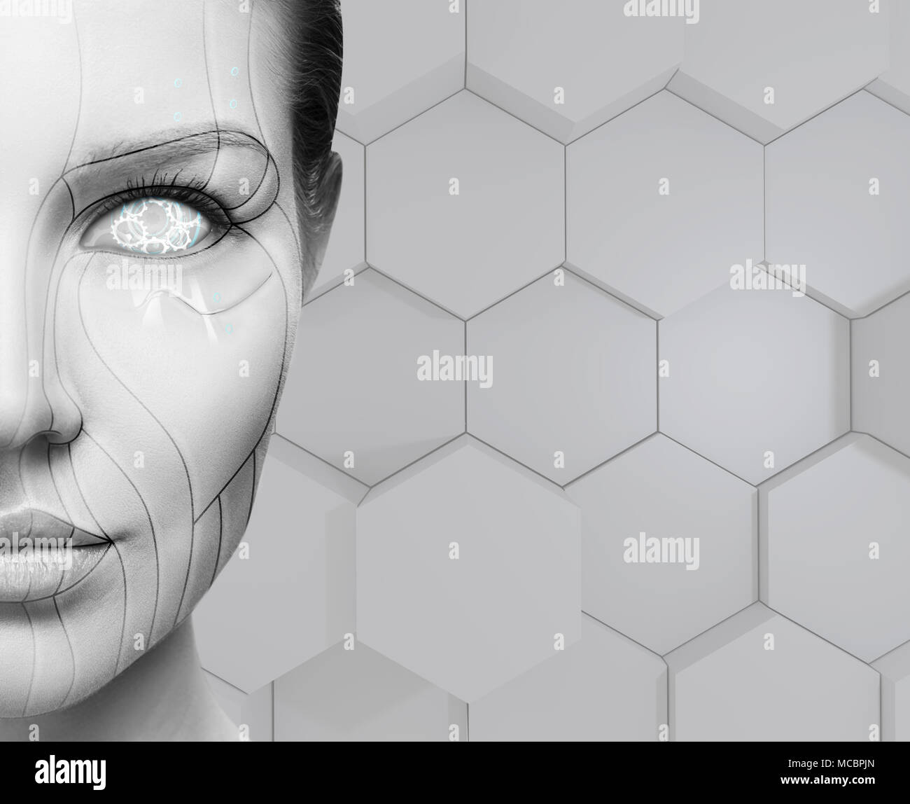Beau visage de femme cyborg sur fond hexagonal. Technologie concept. Banque D'Images