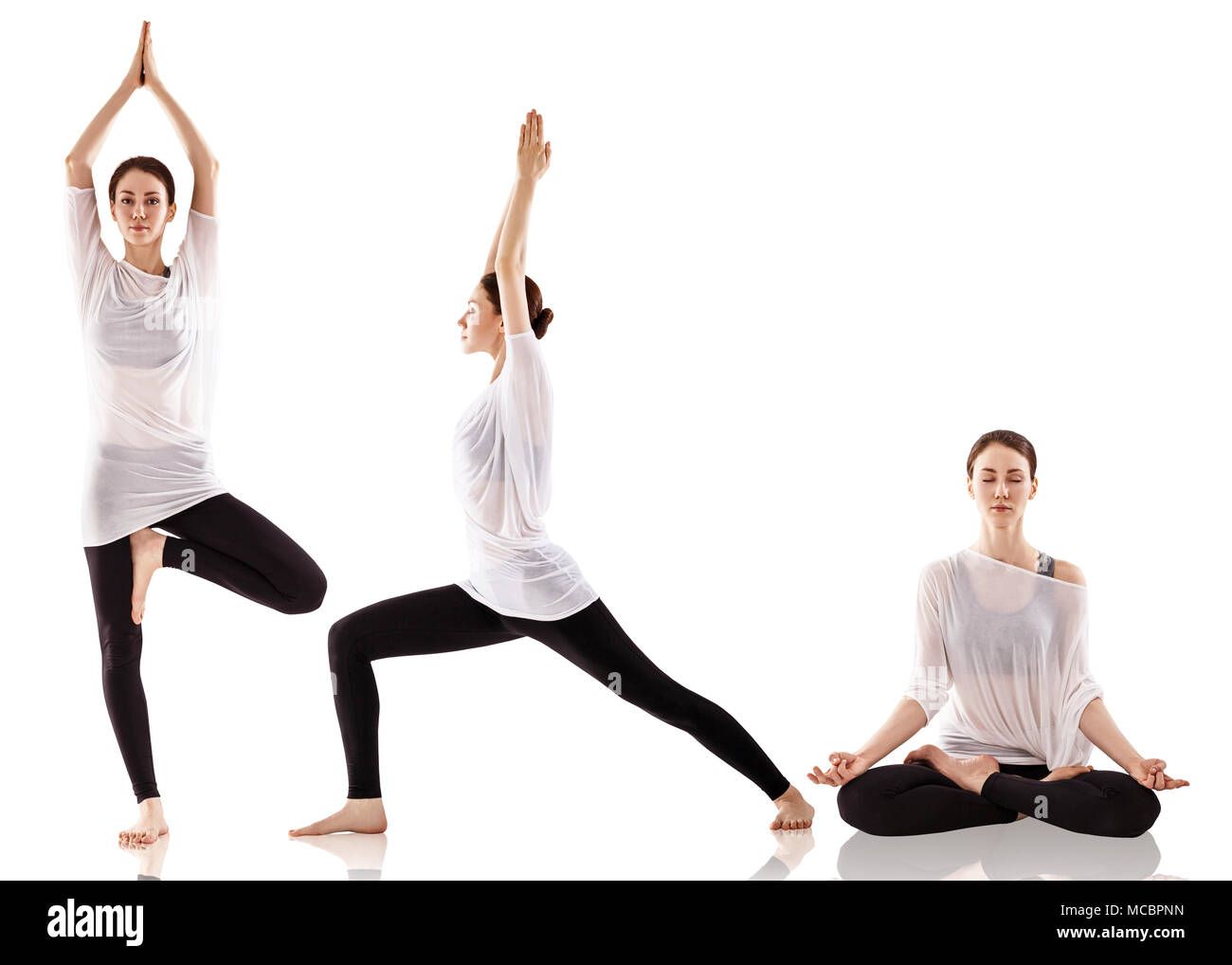 Collage de belle jeune femme pratiquant le yoga. Isolé sur fond blanc Banque D'Images