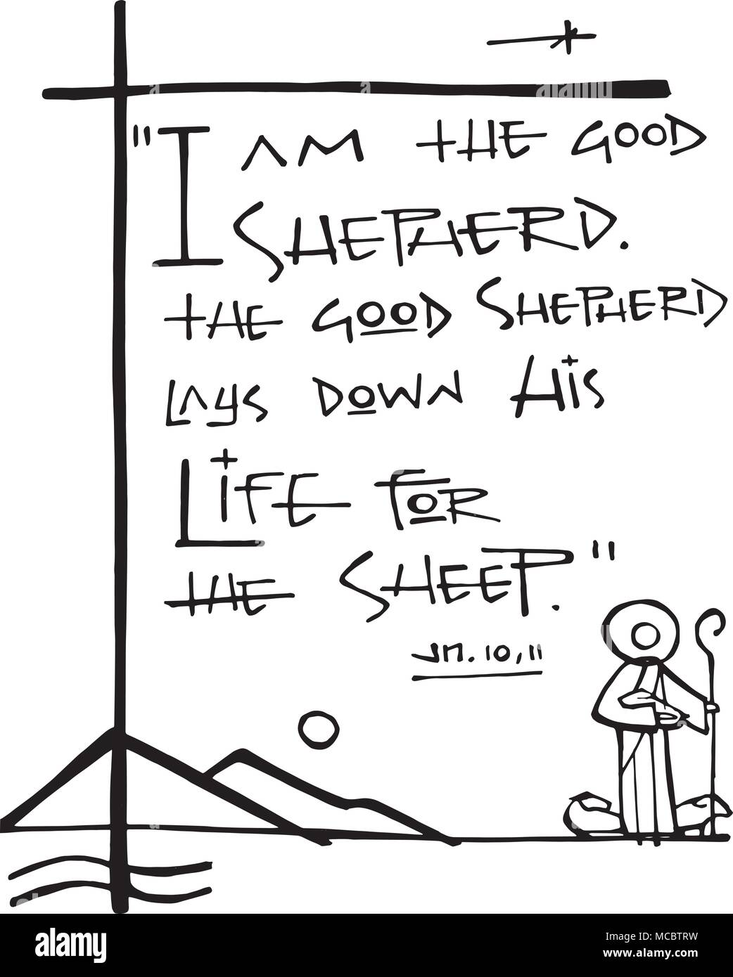 Hand drawn vector illustration ou dessin de l'biblic phrase : Je suis le bon pasteur, le bon pasteur de donner sa vie pour ses brebis Illustration de Vecteur