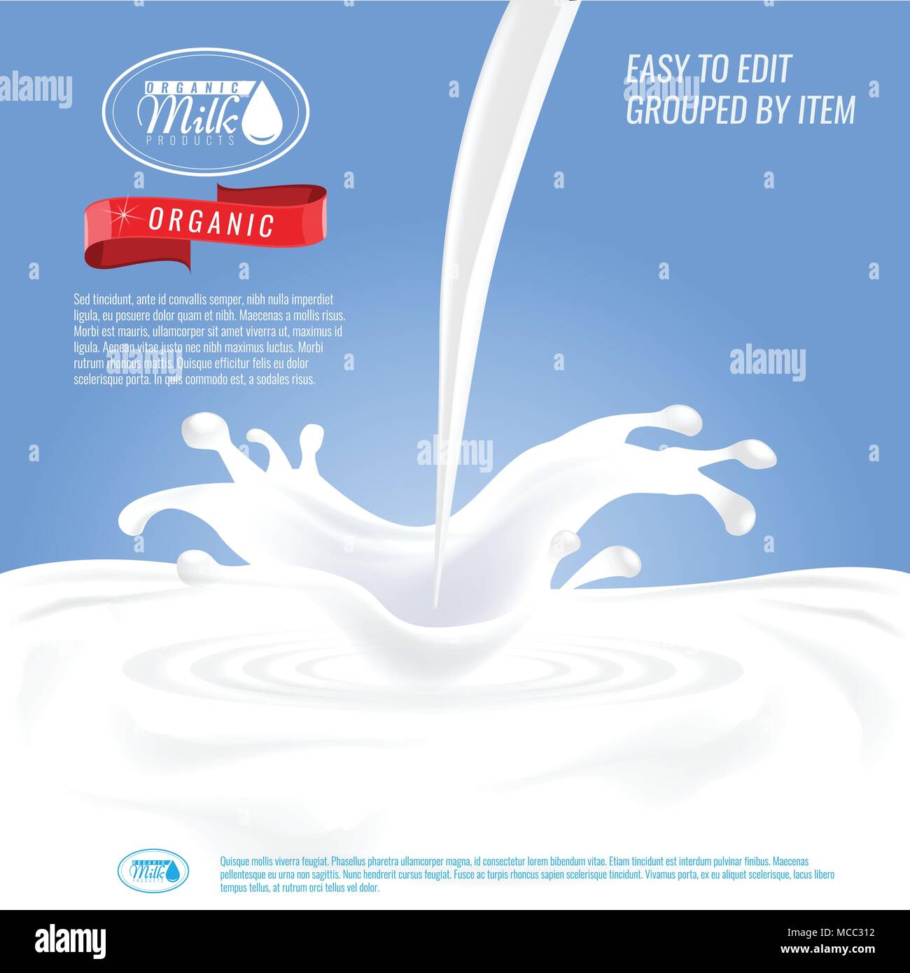 Design d'emballage avec du lait pour les produits laitiers splash laiteux.  Avertisement modèle de vecteur Image Vectorielle Stock - Alamy