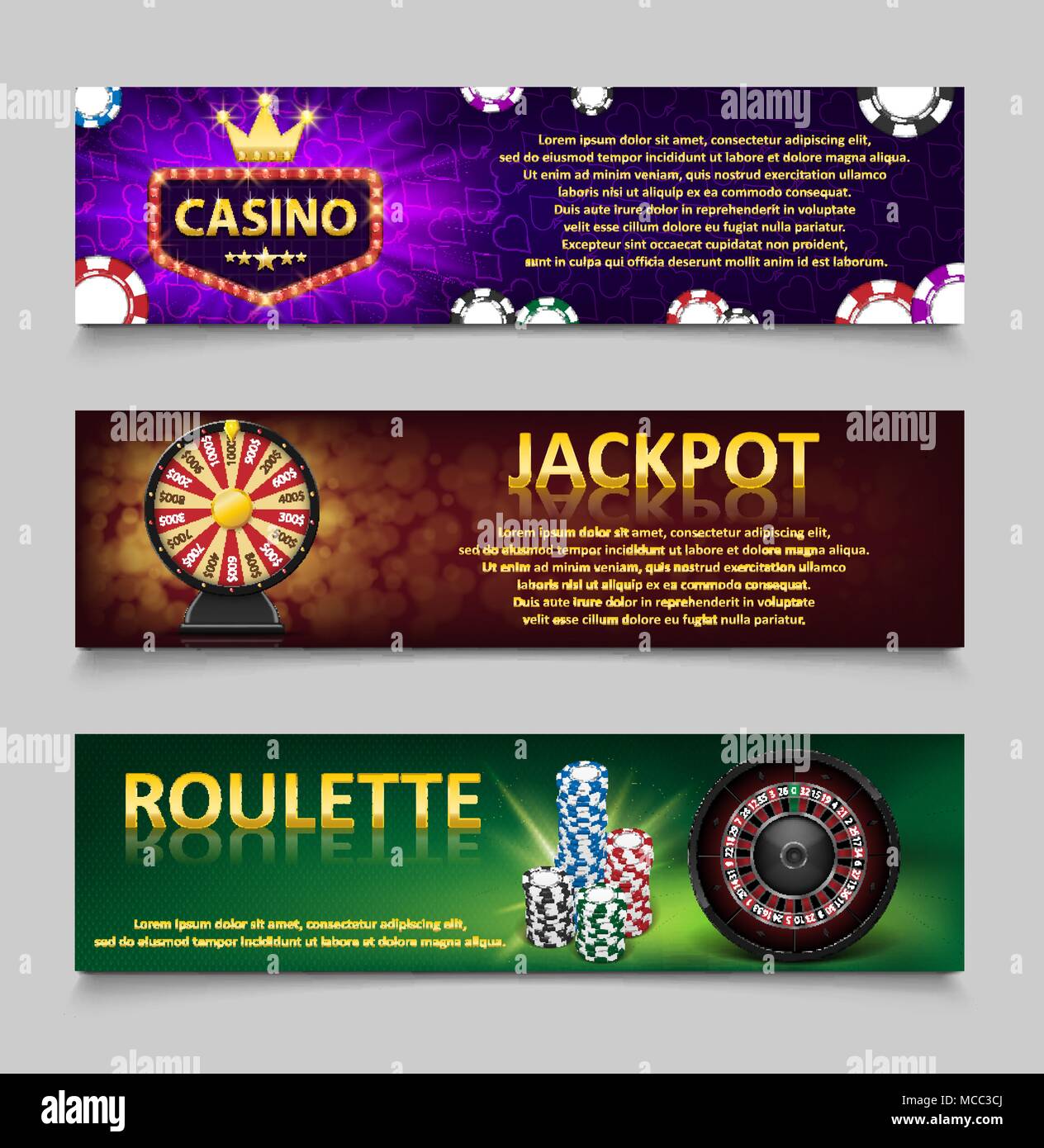 Des bannières avec jeu de la roulette et des jetons de Casino, loterie, machine jeu de roue de fortune en or. Jackpot Casino bannière avec les jeux de casino, fortune et loterie. Vector illustration Illustration de Vecteur