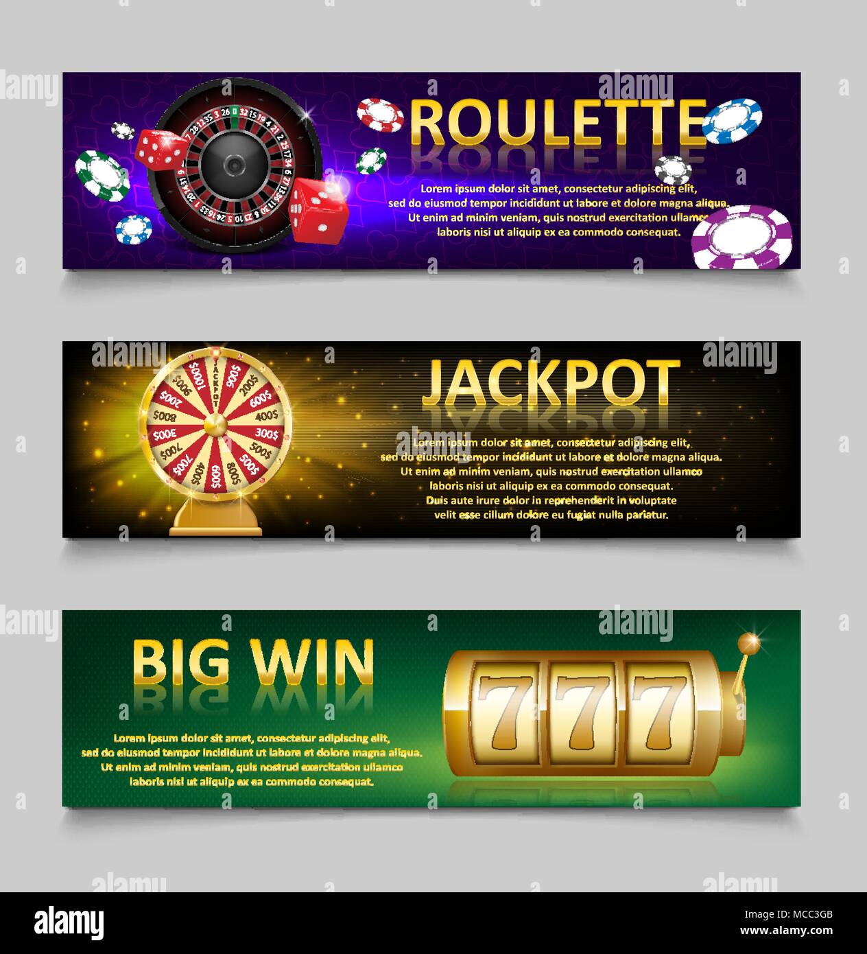 Des bannières avec jeu de la roulette et des jetons de Casino, loterie, machine jeu de roue de fortune en or. Jackpot Casino bannière avec jouer des jeux de casino. L'argent, la fortune et la loterie. vector illustration Illustration de Vecteur