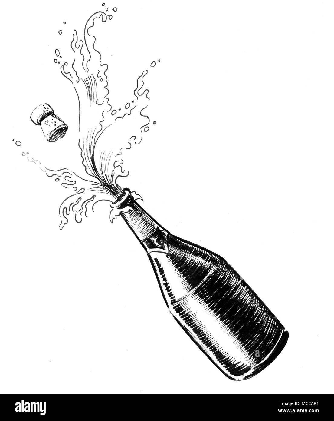 L'ouverture d'une bouteille de champagne. Dessin noir et blanc Encre Photo  Stock - Alamy