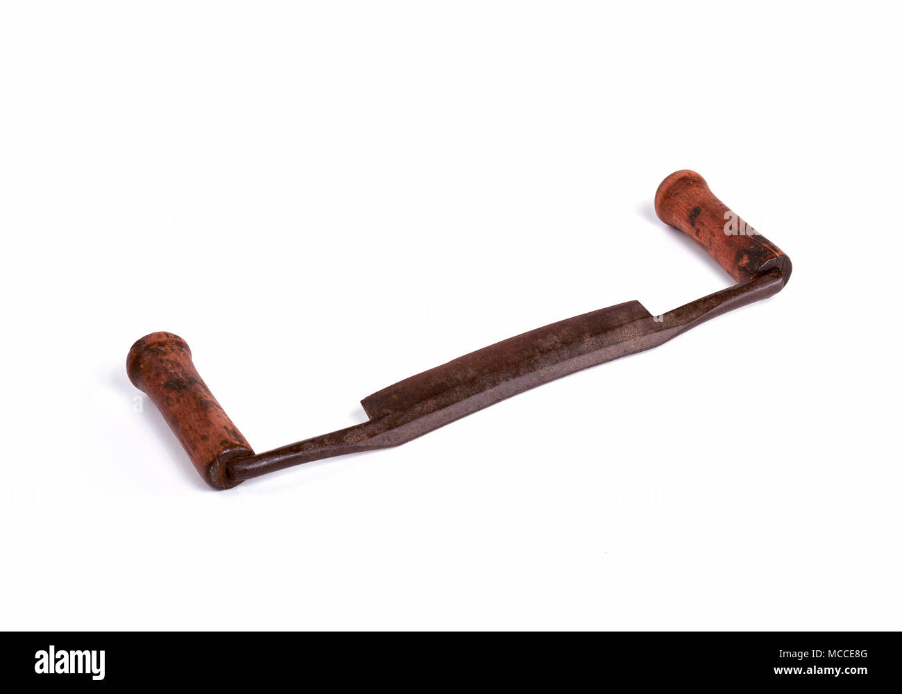 Tirage ancien couteau, outil de travail bois primitive avec lame en acier et de poignées en bois. Banque D'Images