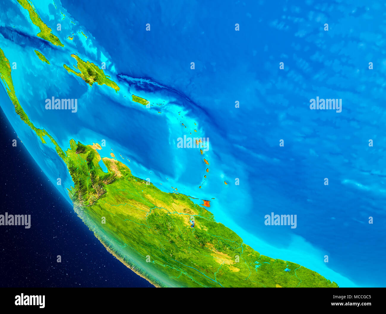 Caraïbes surligné en rouge sur la planète Terre. 3D illustration. Éléments de cette image fournie par la NASA. Banque D'Images