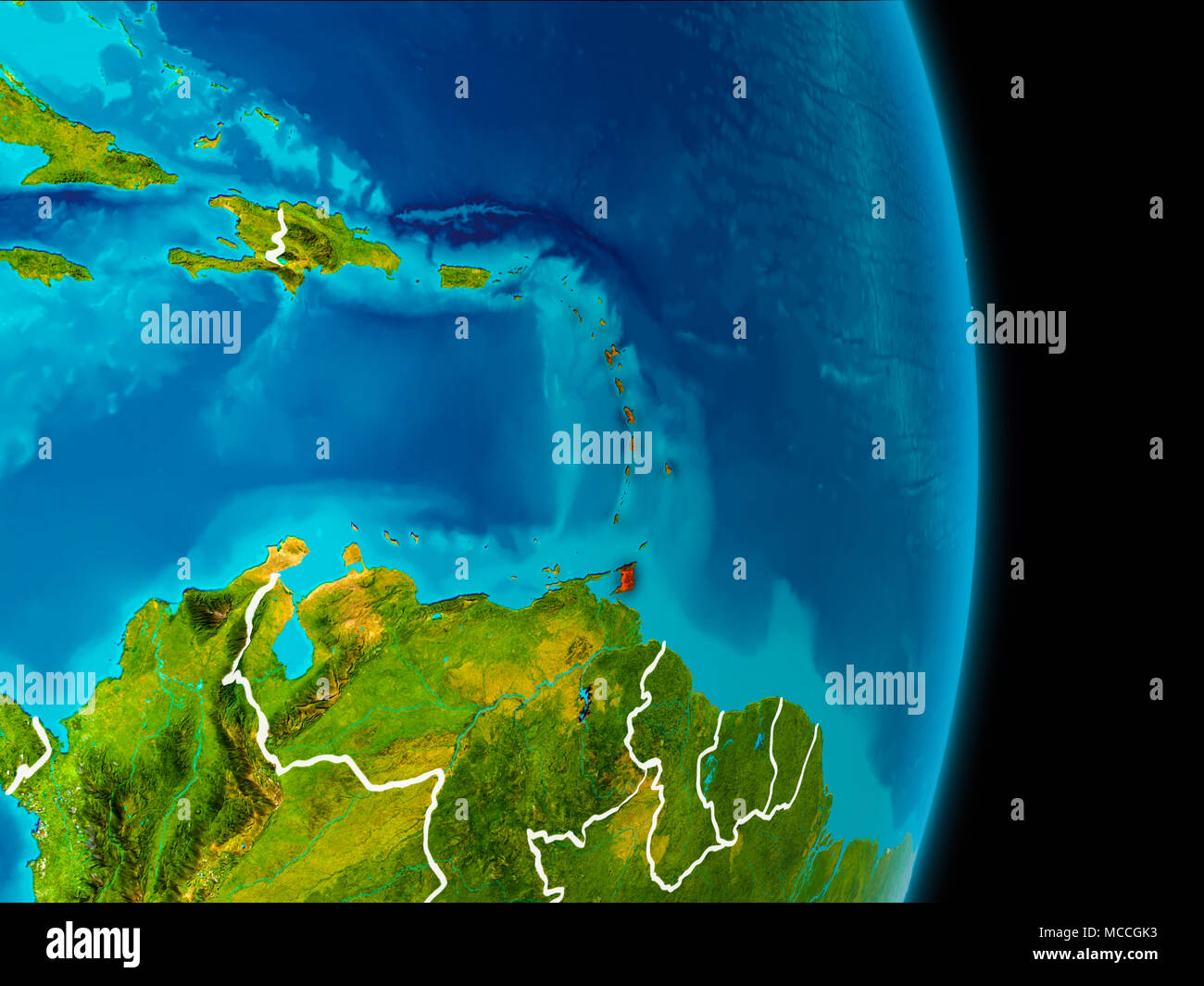 Caraïbes en rouge sur la planète Terre avec bordures visibles. 3D illustration. Éléments de cette image fournie par la NASA. Banque D'Images