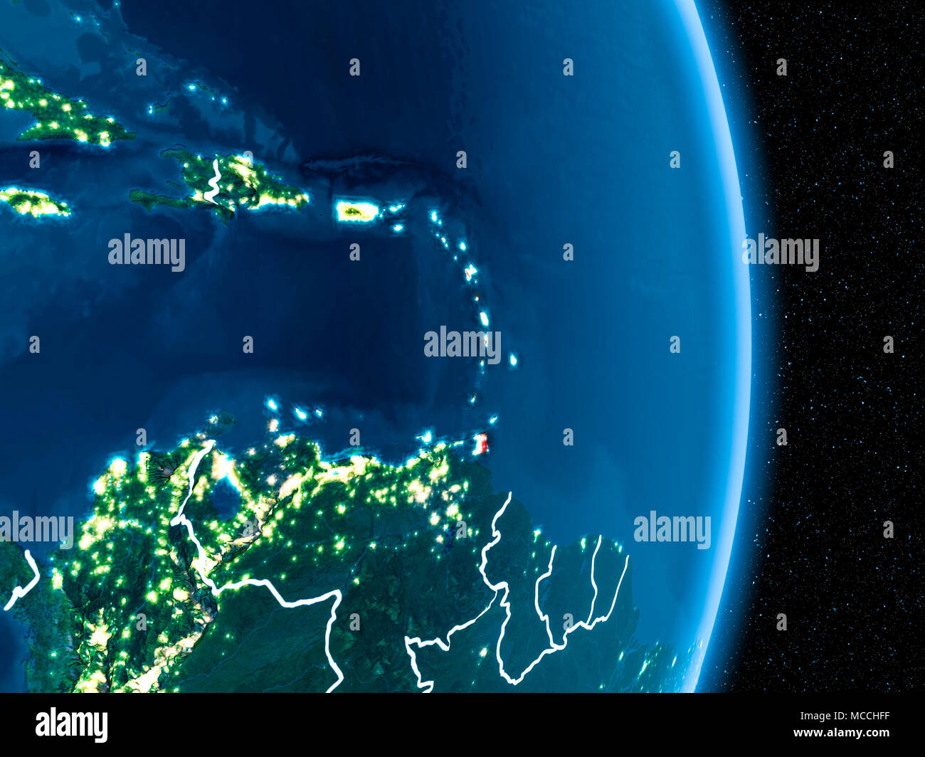 Caraïbes à partir de l'orbite de la planète Terre de nuit avec des frontières visibles et les lumières de la ville. 3D illustration. Éléments de cette image fournie par la NASA. Banque D'Images