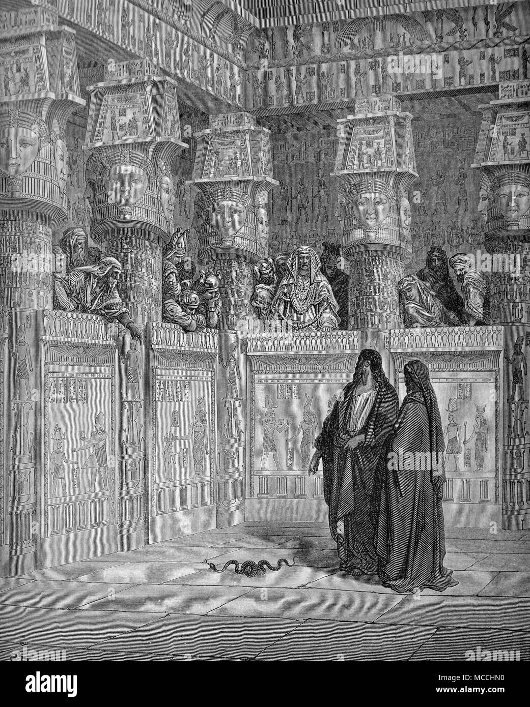 Moïse et Aaron devant Pharaon. Biblle illustration par Gustave Doré. Banque D'Images