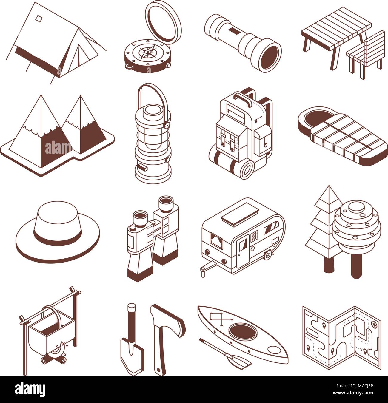 Camping et Randonnées Icônes monochromes isométrique Illustration de Vecteur