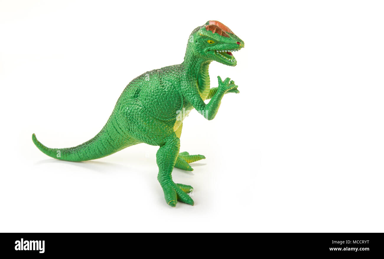 Jouet dinosaure avec la bouche ouverte sur le livre blanc Banque D'Images