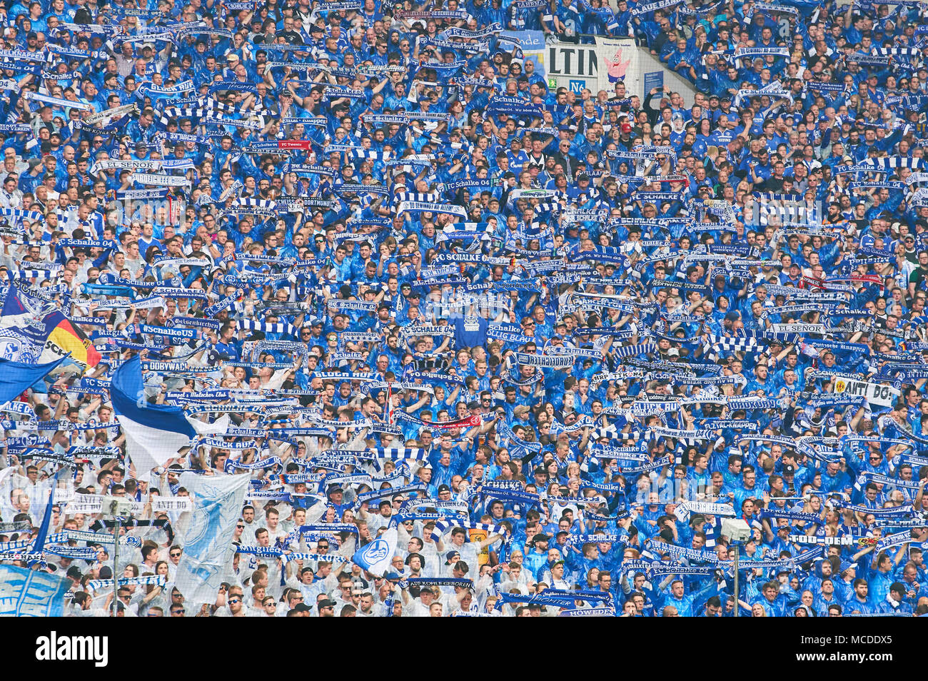 Gelsenkirchen, Allemagne. 15 avril 2018. Le FC Schalke-BVB Soccer, Gelsenkirchen, le 15 avril 2018 Célébration des fans FC SCHALKE 04 - Borussia Dortmund 2-0.1, Division de la Ligue allemande de football, Gelsenkirchen, le 15 avril 2018, la saison 2017-2018 © Peter Schatz / Alamy Live News Banque D'Images