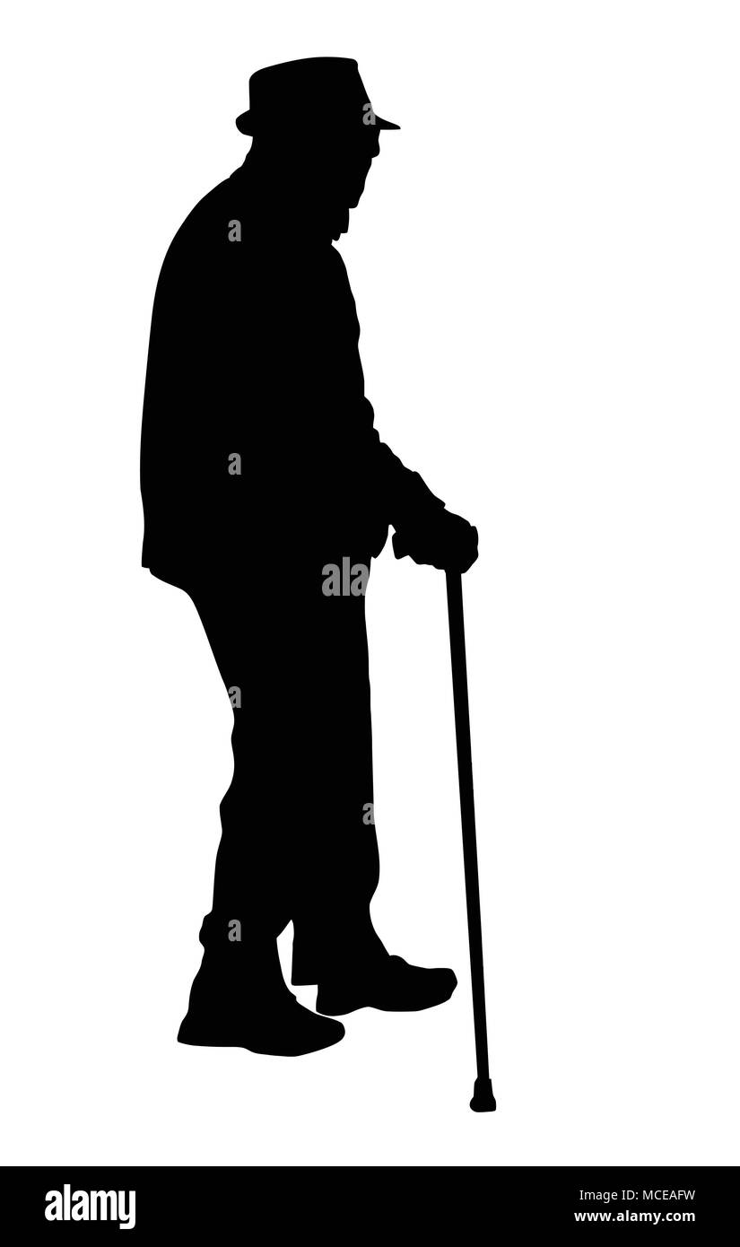 Vieil homme silhouette avec canne sur fond blanc, vector illustration Illustration de Vecteur