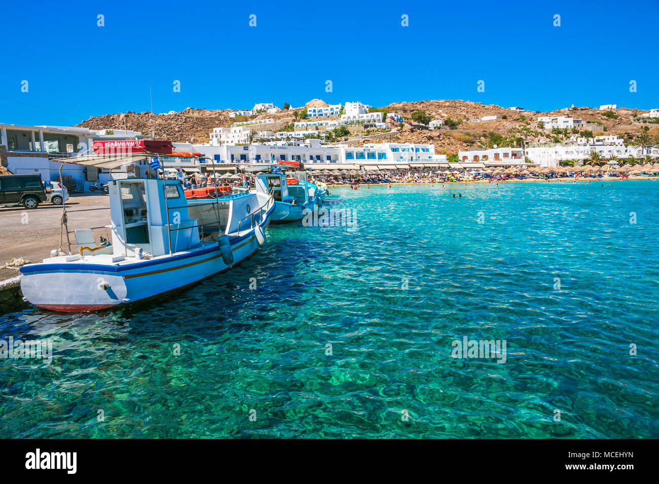 Platis Gialos. L'île de Mykonos. Ciclades Îles. Grèce Banque D'Images